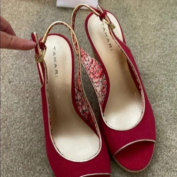 Tahari Pink Canvas Straw Heel Open Toe Shoe 6.5 - Picture 6 of 8